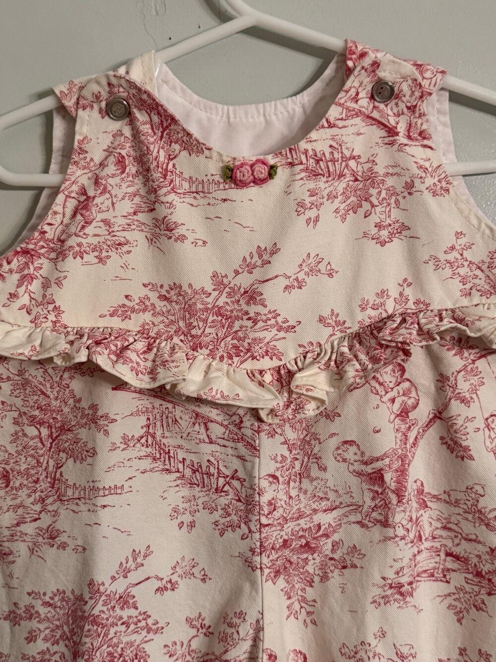 Vintage Holly Baby 18M Pink Toile Cherub Ruffle Romper Cottagecore